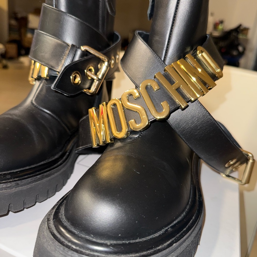 Moschino Black Moto Boots with Gold Accents - Picture 8 of 8